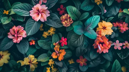 Foto op Plexiglas Creative layout made of flowers and leaves. Flat lay. Nature concept. Floral Greeting card. Colorful spring flower background, space for text. Nature Trendy Decorative Design. © Emil