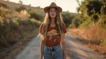 Boho Chic Meets Rustic Charm: Young Woman in Countryside Elegance