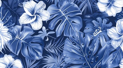 Exotic tropical vector background with hawaiian plants and flowers. Seamless indigo tropical pattern with monstera and sabal palm leaves, guzmania flowers. - obrazy, fototapety, plakaty
