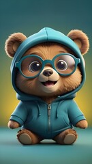 Fototapeta premium Cute baby bear wearing green colour spectacles isolated on a solid pastel colour background, baby bear wallpaper for kids, Creative baby animal concept, commercial, editorial advertisement background