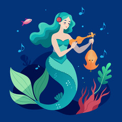 A mermaid serenading underwater with musical instruments. vektor illustation