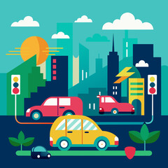 Urban landscape with electric cars replacing traditional vehicles. vektor illustation