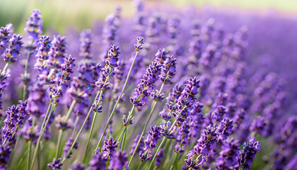 closeup summer purple lavender field with a soft focus background
