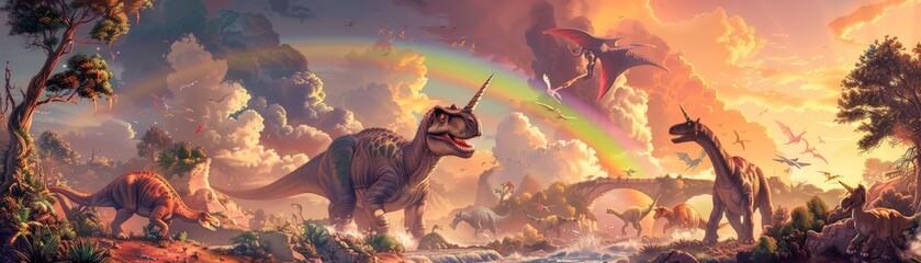 Dinosaurs and unicorns unite to solve a giant 3D jigsaw puzzle, creating a bridge over a rainbow in an autism awareness fantasy