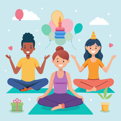 A cheerful birthday yoga class with mats and meditation. vektor illustation