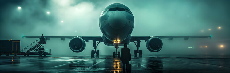 Front View of Airplane on Runway in Misty Evening Ambiance
 - obrazy, fototapety, plakaty