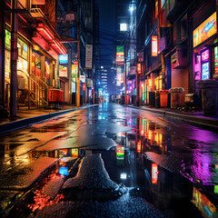 Rain-soaked urban street reflecting neon lights.