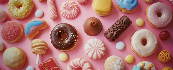 Assorted Sweet Treats and Confections on Pink Background
