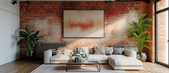 Minimalist loft-style living room in a modern house with a decorative painting above a radiator and potted plant, showcased in a vertical brick wall photograph.