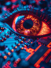 Pupille mit Technik integriert in leuchtenden Farben als Nahaufnahme, ai generativ