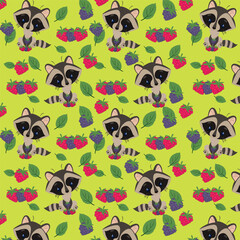 Vector children's illustration. Forest animals, Raccoons, raspberries and blackberries . The pattern for printing.