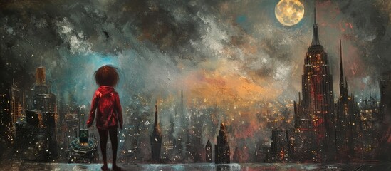 Young child defending city against darkness. Mixed media.