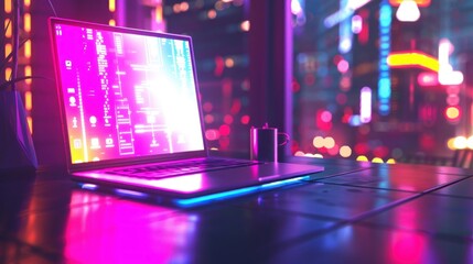 laptop with neon glow on table in room