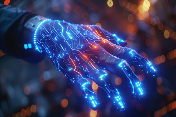 Hand that touches on digital, IoT, AI chatbot technology, cybersecurity, and futuristic internet.