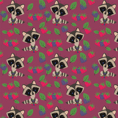 Vector children's illustration. Forest animals, Raccoons, raspberries and blackberries . The pattern for printing.