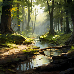 Tranquil forest scene with dappled sunlight.