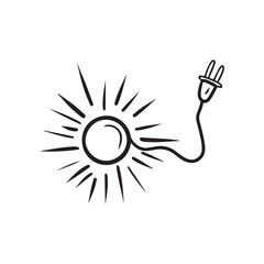 Sun green energy with wire socket in black isolated on white background. Concept of ecological healthy environment energy electricity, ecology friendly. Hand drawn vector sketch doodle illustration.