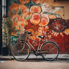 Vintage bicycle against a graffiti-covered wall.