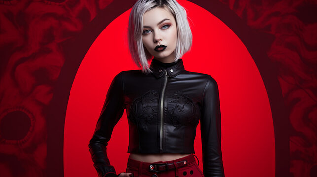 Portrait of a beautiful gothic girl in a black leather top with dark makeup on a red background Dark beauty. Image for Halloween. Subculture. Gothic