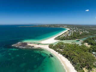 High angle aerial drone view of Huskisson Beach and Collingwood Beach in Huskisson and Vincentia,...