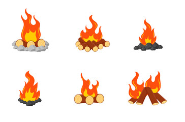 Burning fire. Multi-colored flame in a popular flat style. Flame, fire set, light effect. Simple vector illustration isolated on white background for web, print, decoration, bonfire night.