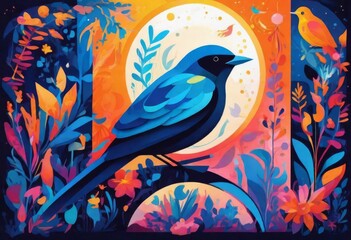 Fototapeta premium Three colorful little birds are flying.Marker and watercolor hand drawn illustration with birds.