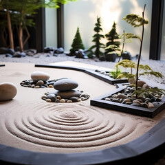 Fototapeta na wymiar Zen garden with carefully arranged stones.