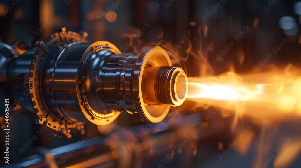 Poster close-up of an aerospace component during precision machining with bright sparks and warm illuminati