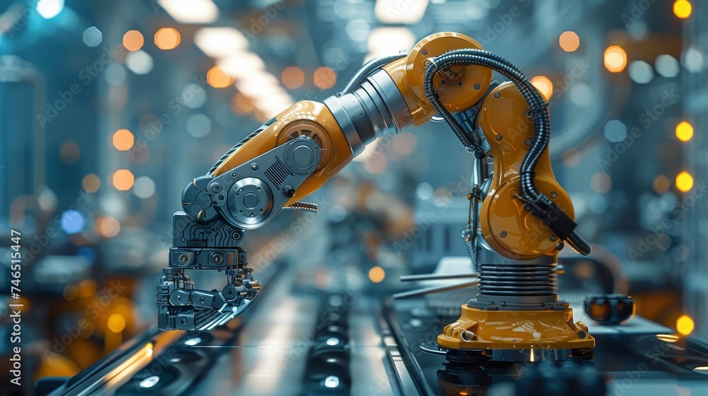 Poster a modern robotic arm operates with precision on a production line in a smart factory environment, sh