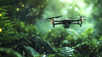 Quadcopter drone hovering amidst vibrant green foliage, capturing the essence of technology in nature exploration.