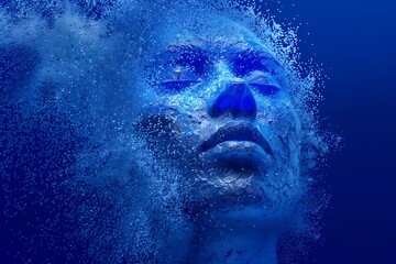 Mystical Cosmic Woman: A Digital Art Illustration of a Female Figure Composed of Sparkling Stars and Cosmic Dust Against a Deep Blue Space Background
