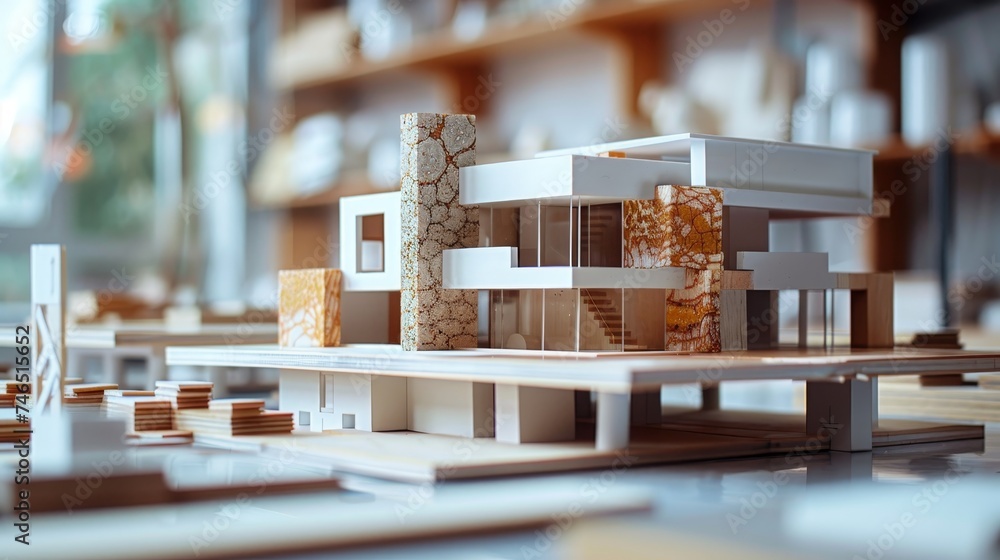 Poster a detailed scale model representing a modern architectural building design, featuring distinct textu