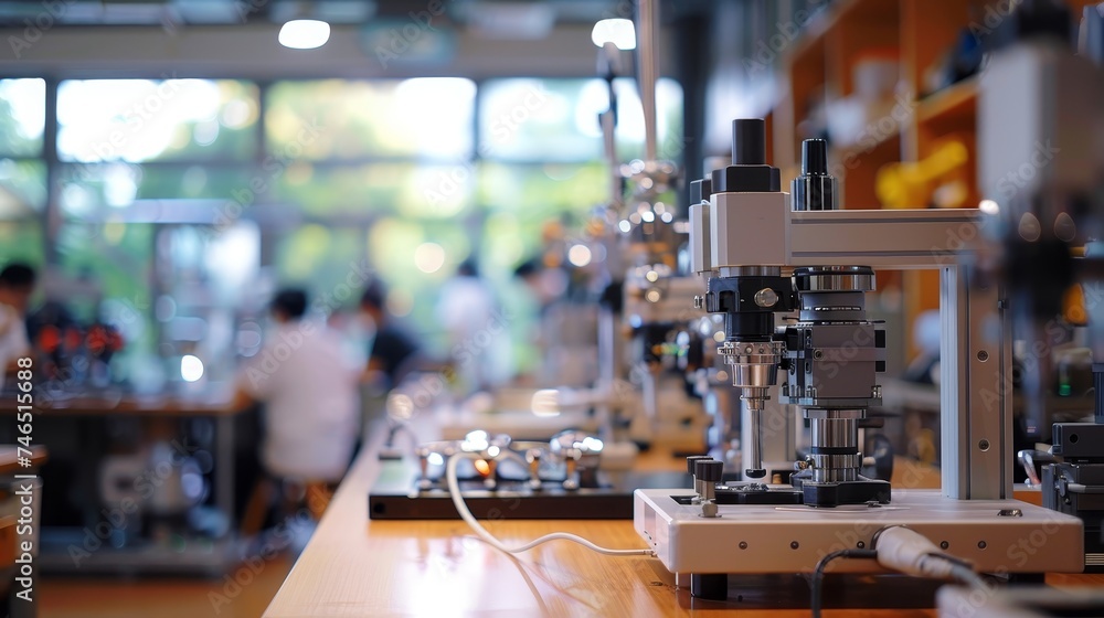 Poster an image of a well-equipped scientific research lab featuring advanced microscopes on desks with res