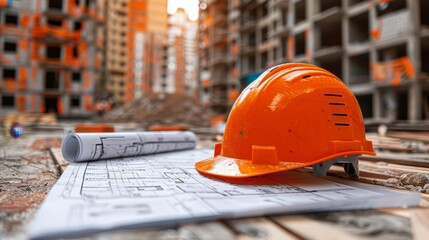 An orange safety helmet lies on top of detailed construction blueprints at an active building site with scaffolding in the background.