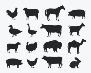 Fotobehang Vector Farm Animals Set. Silhouettes of Cow, Pig, Sheep, Lamb, Hen, Goat, Horse, Turkey. Design elements for emblem, poster, label. Farm Animals icons isolated on white background. © Denys Holovatiuk