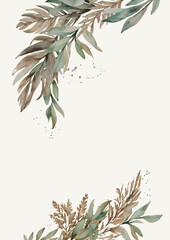Vertical Background Template With Place For Text from Watercolor Leaves, Pampas Grass. Design for Covers, Cards, Wedding Invitations. Vector