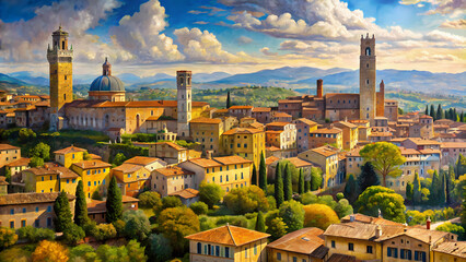 Scenic Oil Painting of Italian Summer Cityscape - Capturing the Charm of Tuscany Landscape