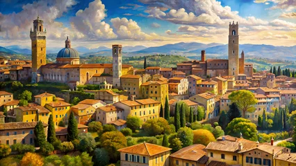 Tuinposter Scenic Oil Painting of Italian Summer Cityscape - Capturing the Charm of Tuscany Landscape © PhotoPhreak