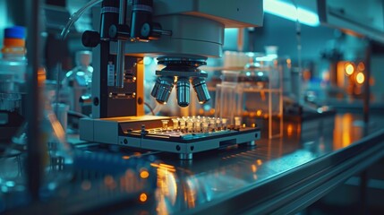 Automated laboratory microscope equipped for analyzing multiple samples, reflecting the integration of technology in scientific research.