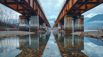 Symmetrical view between two parallel railroad bridges crossing a calm river, with a backdrop of mountains and a clear sky.