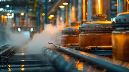 Copper distillery tanks enveloped in steam, with a warm glow highlighting the intricate network of pipes, depicting industrial alcohol production.