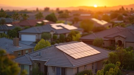 The sun sets over a tranquil suburban neighborhood, where houses equipped with solar panels promote sustainable living and energy independence.