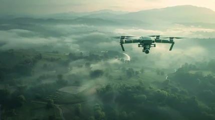 Fototapeten An unmanned aerial vehicle (UAV) soars above serene, mist-covered rolling hills, capturing the tranquil beauty of the landscape at dawn. © Sodapeaw