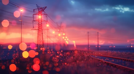 A mesmerizing scene of electricity pylons silhouetted against the sunset, with a beautiful bokeh effect from the surrounding lights. - obrazy, fototapety, plakaty
