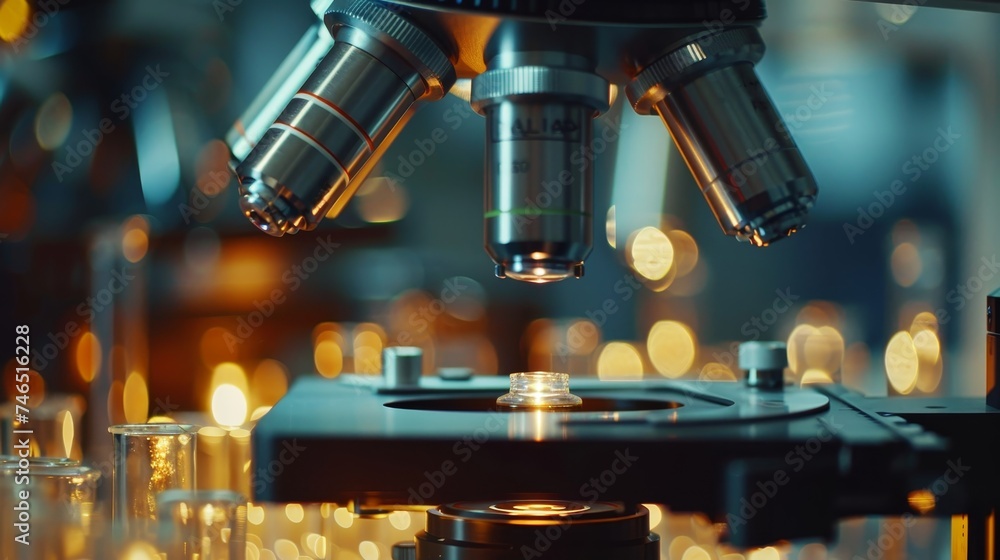 Poster a close-up image of a microscope with multiple lenses in a warmly illuminated laboratory, capturing 