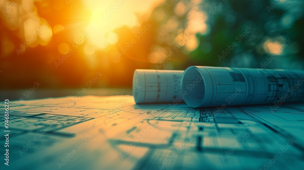 Aufkleber rolled architectural blueprints on a table with the golden glow of the setting sun highlighting the 