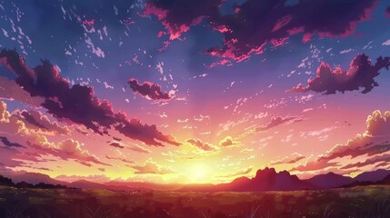 Vibrant Anime Sunset Sky with Distant Mountain Range Silhouette AI Generated.