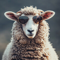 Funny fluffy sheep with curly wool, wearing sunglasses