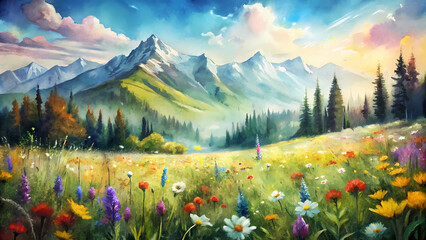 Tranquil Watercolor Summer Landscape - Printable Digital Painting of Wildflowers and Mountains - obrazy, fototapety, plakaty