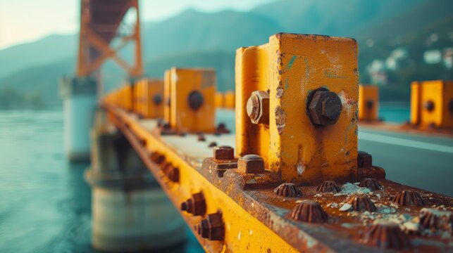 Detailed view of corroded rusty bolts on vibrant yellow metalwork of a bridge, with blurry river and mountains in the background.